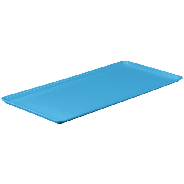 A sky blue rectangular fiberglass display tray.