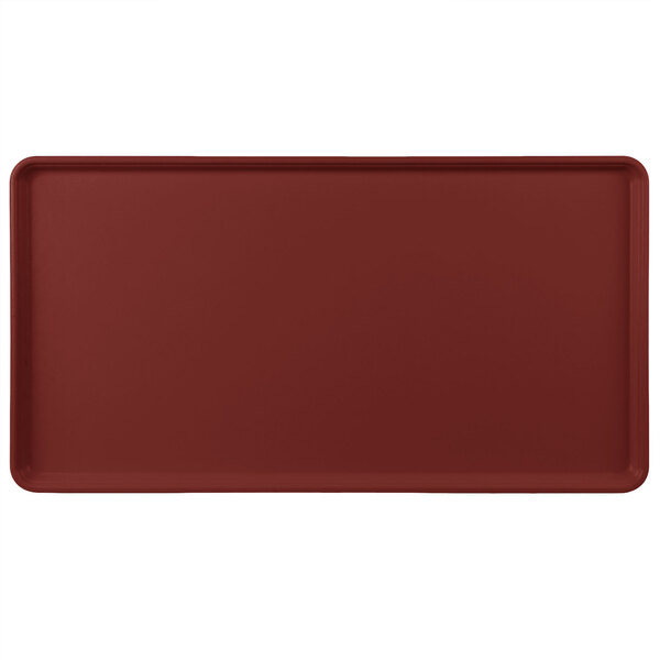 A burgundy rectangular fiberglass display tray with a white border.