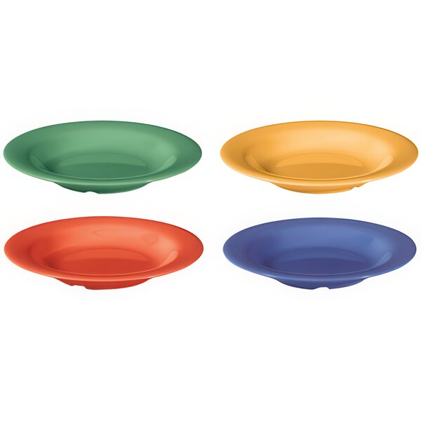 A group of GET Diamond Mardi Gras melamine bowls in assorted colors
