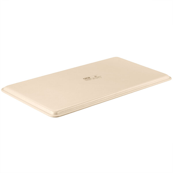 A beige fiberglass market display tray with black text on a white background.