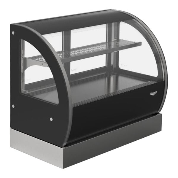 A black Vollrath countertop display case with curved glass doors.