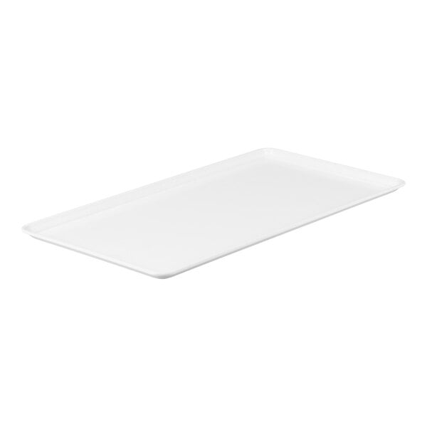 A rectangular white fiberglass display tray.