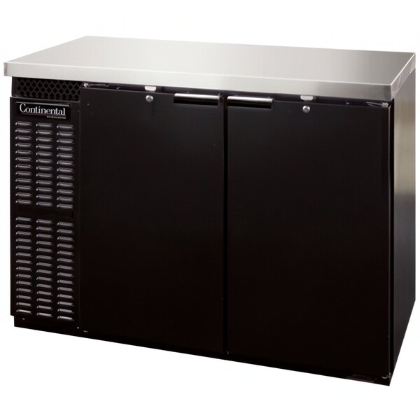 A black and silver Continental Refrigerator back bar refrigerator with a stainless steel top.