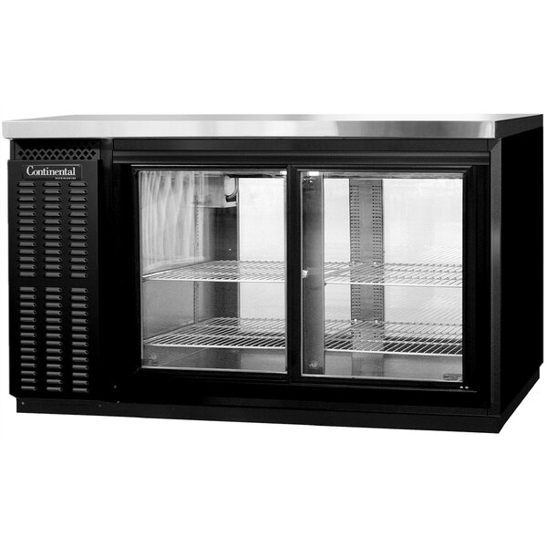 A black Continental Back Bar refrigerator with pass-through sliding glass doors.