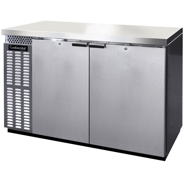 A Continental Refrigerator stainless steel back bar refrigerator with two doors.