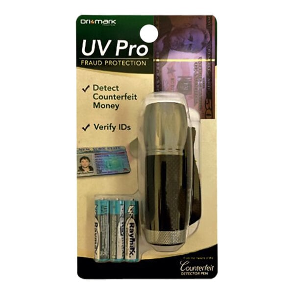 A packaged Dri Mark UV Pro counterfeit detector light with a lanyard and batteries.