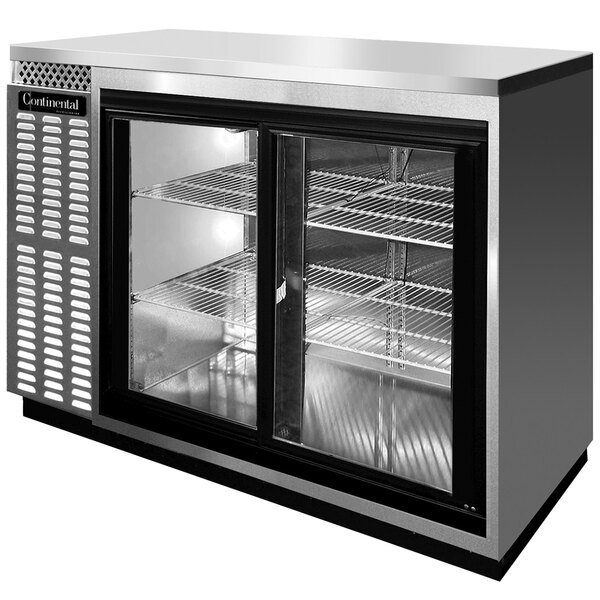 A Continental Refrigerator stainless steel back bar refrigerator with sliding glass doors.