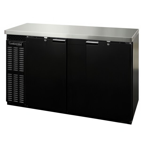 A black and silver rectangular Continental Refrigerator with two solid doors.