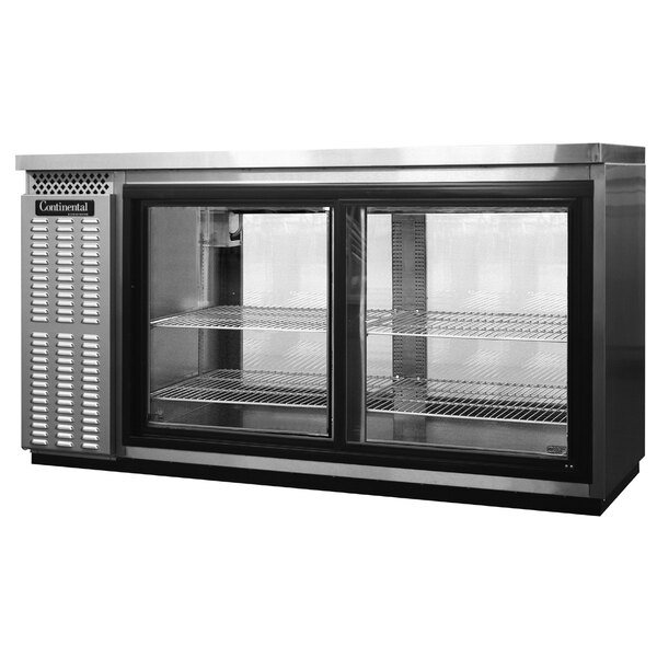 A Continental Refrigerator stainless steel back bar refrigerator with pass-through glass doors.