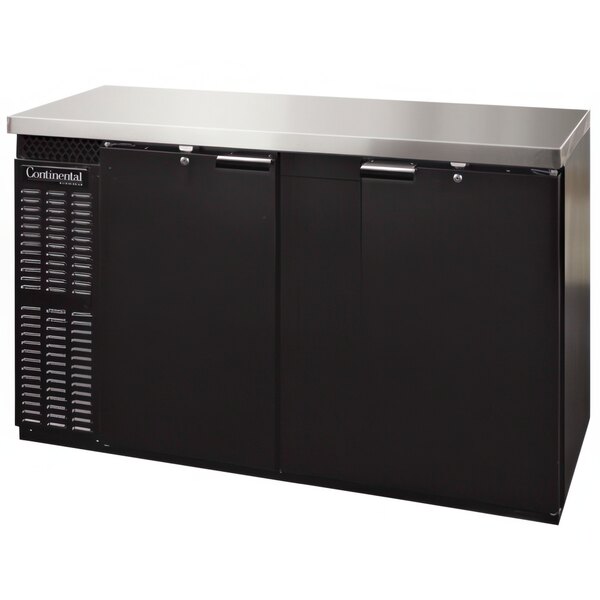 A black and silver Continental Back Bar Refrigerator with solid doors.