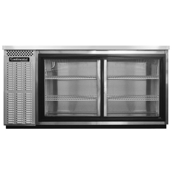 A Continental Refrigerator stainless steel back bar refrigerator with sliding glass doors.