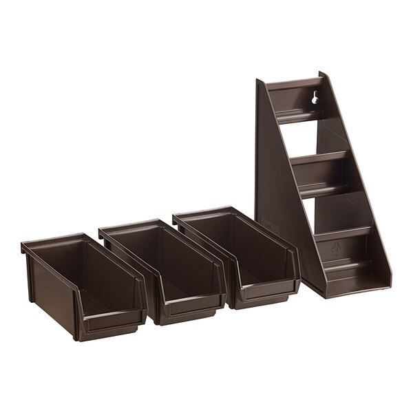A brown metal Vollrath condiment bin stand with three brown plastic bins.