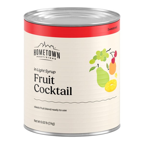 A large can with a red and cream label featuring illustrations of various fruits and labeled 'Fruit Cocktail in Light Syrup.'