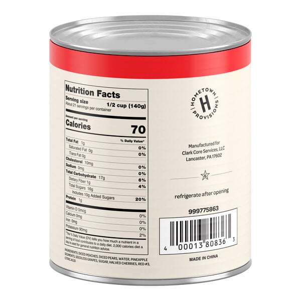 A large can with a red rim, displaying nutrition facts, a barcode, and product information on a cream-colored label.