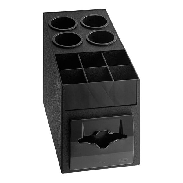 A black countertop napkin dispenser with four cylinders.