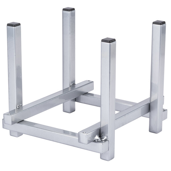 A silver metal Cal-Mil beverage dispenser stand with four legs.