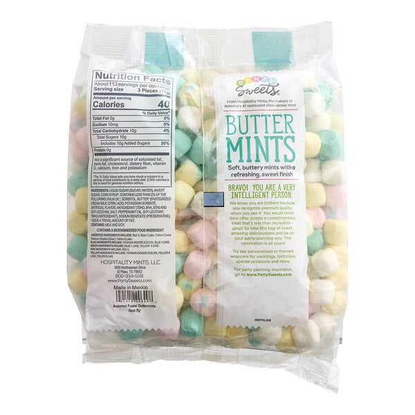 A 2.75 lb bag of Assorted Pastel Buttermints with text and numbers on the label.