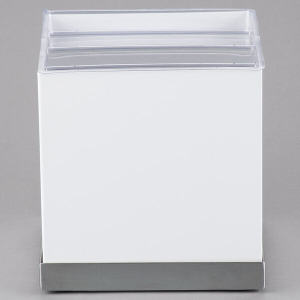 A white box with a clear lid for a Cal-Mil Luxe Beverage Dispenser Base.