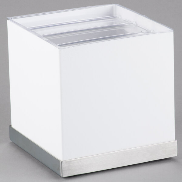 A white cube with clear plastic inside.
