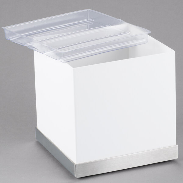 The white box with a clear lid containing two plastic trays.