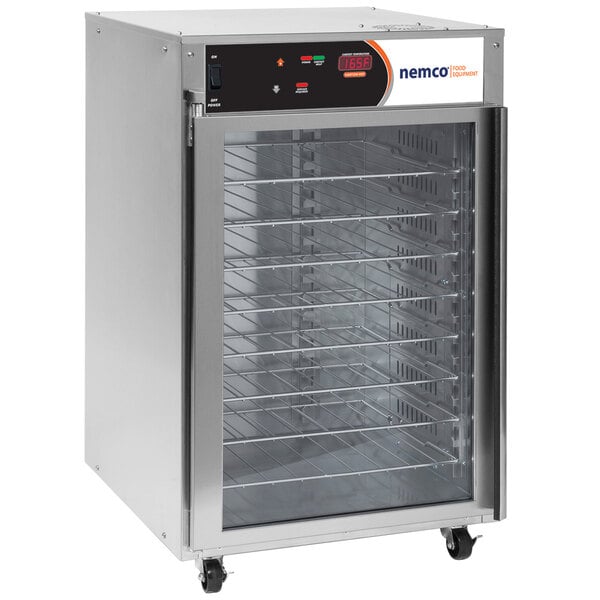 A large stainless steel Nemco pizza holding cabinet with racks.