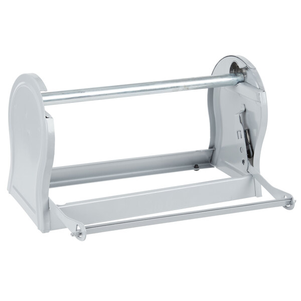 A gray metal Bulman all-in-one paper dispenser with a serrated blade.