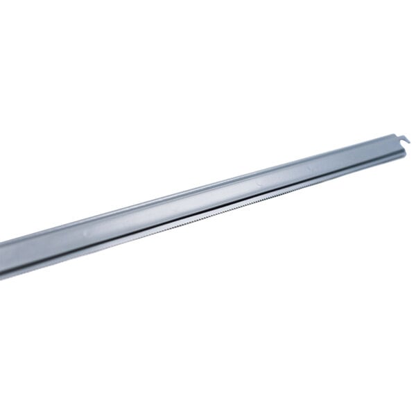 A long stainless steel rectangular metal object with a serrated blade.