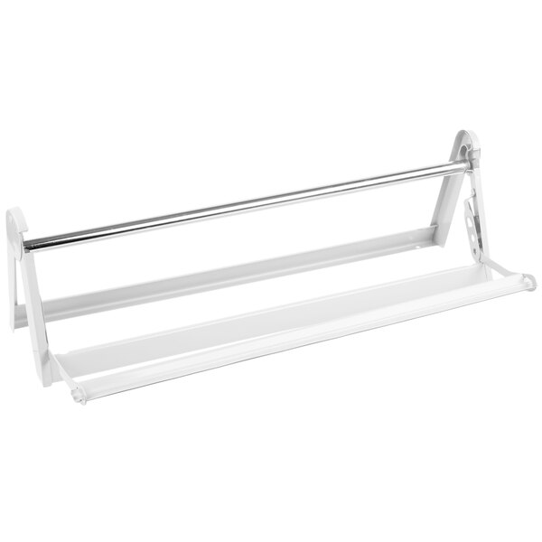 A white metal Bulman paper dispenser with a long metal rod and serrated blade.