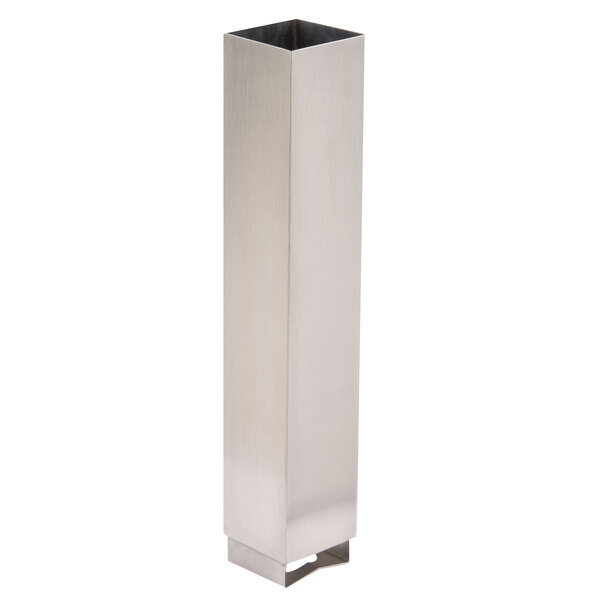 A stainless steel rectangular ice chamber with a hole.