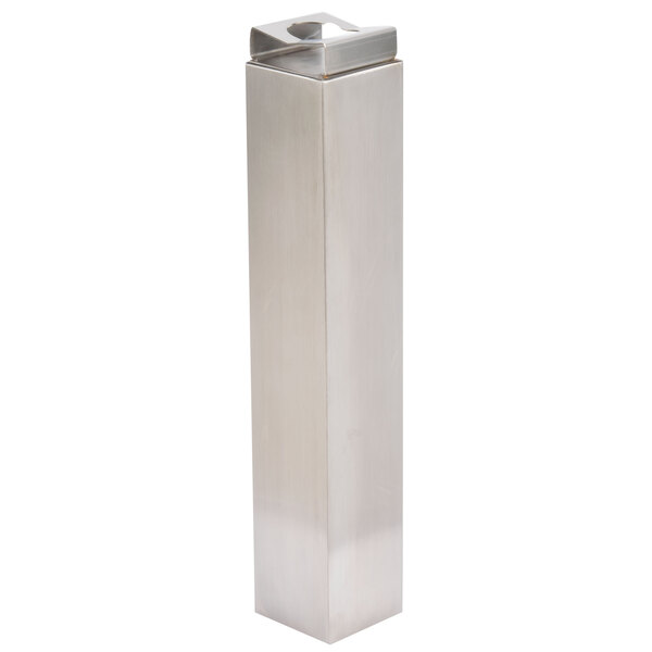 A stainless steel rectangular tube with a square lid.