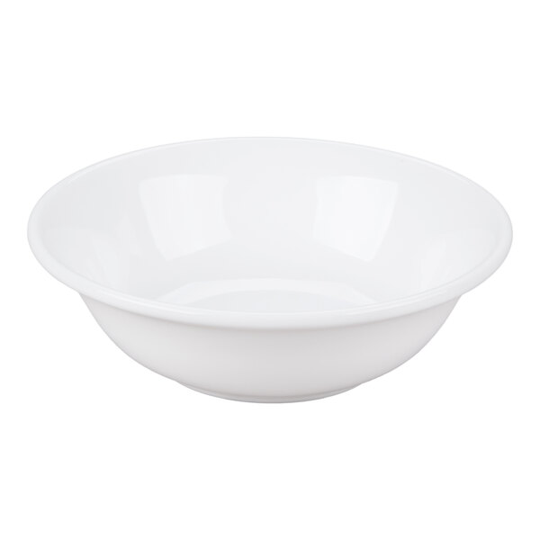 A plain white, round porcelain bowl with a smooth surface and slightly flared rim.