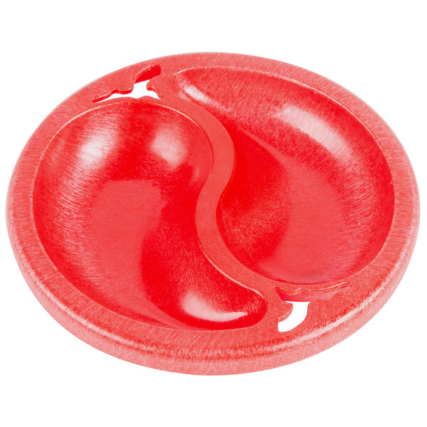 A red HS Inc. divided plastic bowl.