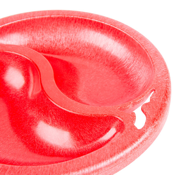 A red plastic divided bowl with two sections.
