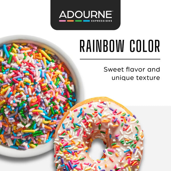 Graphic showing rainbow sprinkles on donuts with flavor and texture highlights.