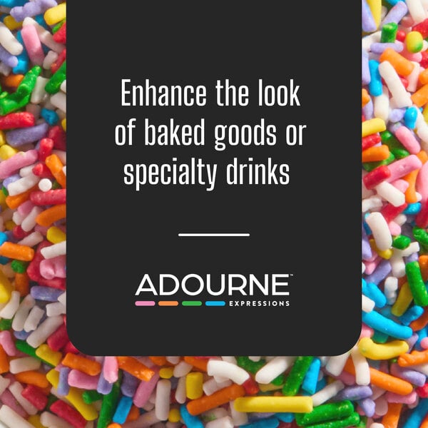 Graphic showing rainbow sprinkles with suggested uses for baked goods and specialty drinks.