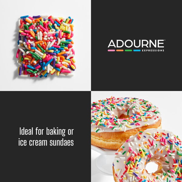 Graphic showing rainbow sprinkles on baked goods with suggested decorating uses.