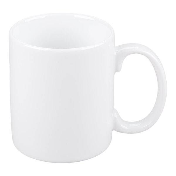 A plain white ceramic mug with a handle, shown against a white background.