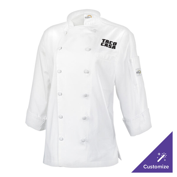 A white Mercer Culinary chef coat with black text that says "Executive Chef" and "Mercer" on the sleeve.