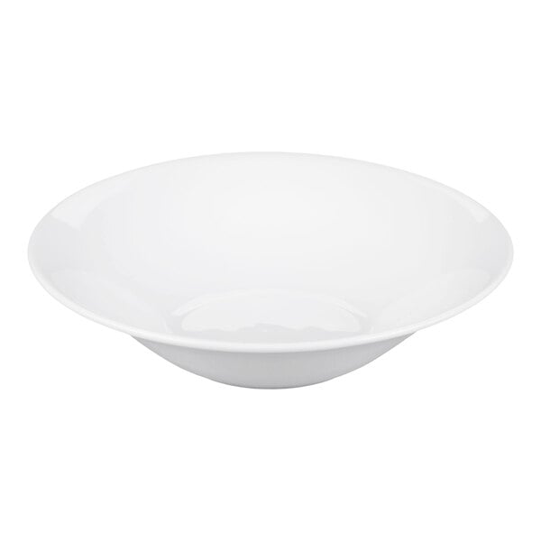 A plain white, shallow, round bowl with a wide rim, shown against a white background.