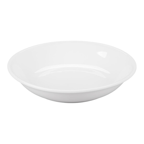 A plain, white, shallow bowl with a smooth, glossy finish.