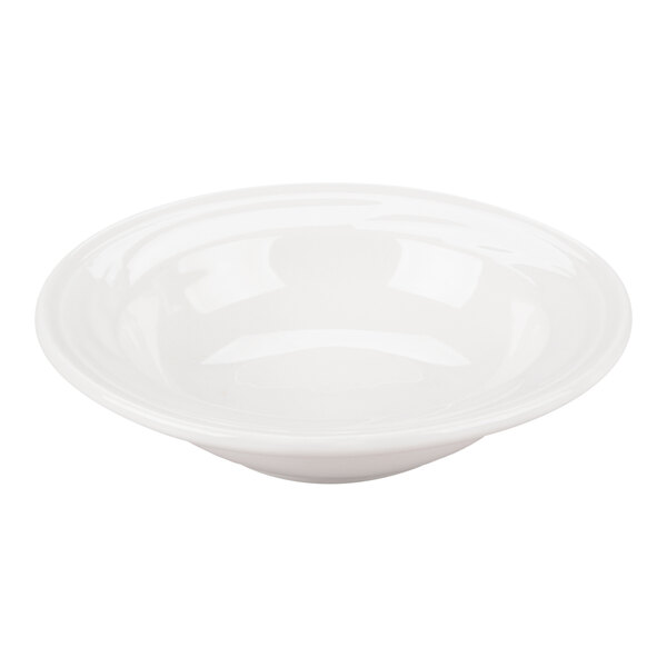 A small, round, white porcelain bowl with a smooth, glossy finish.