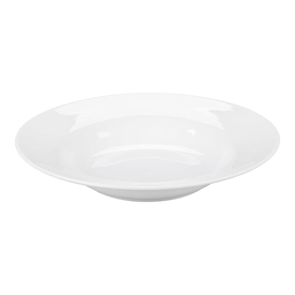 A white, shallow, round bowl with a wide rim, shown on a plain background.