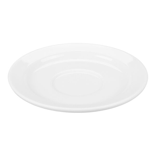 A plain white porcelain saucer with a slightly raised center area.