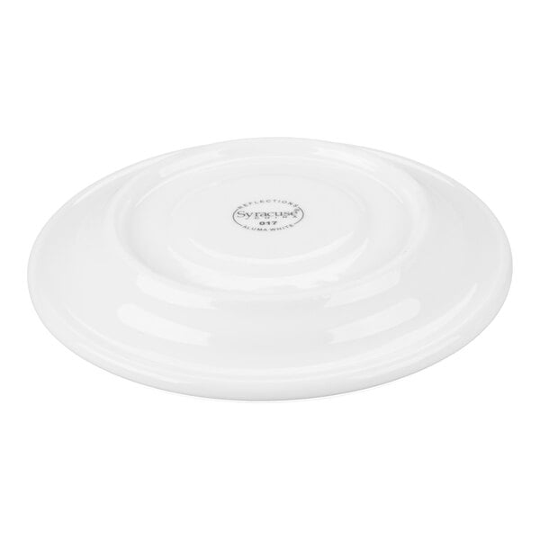 A white porcelain saucer shown upside down with a logo and text at the center.