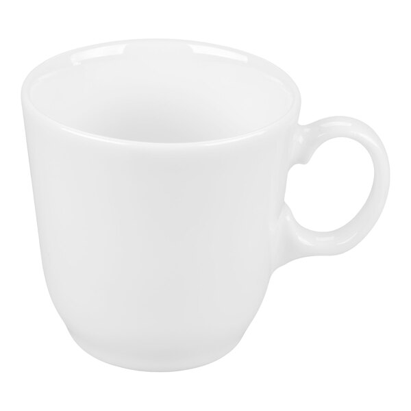 A plain white porcelain tea cup with a handle, shown against a white background.