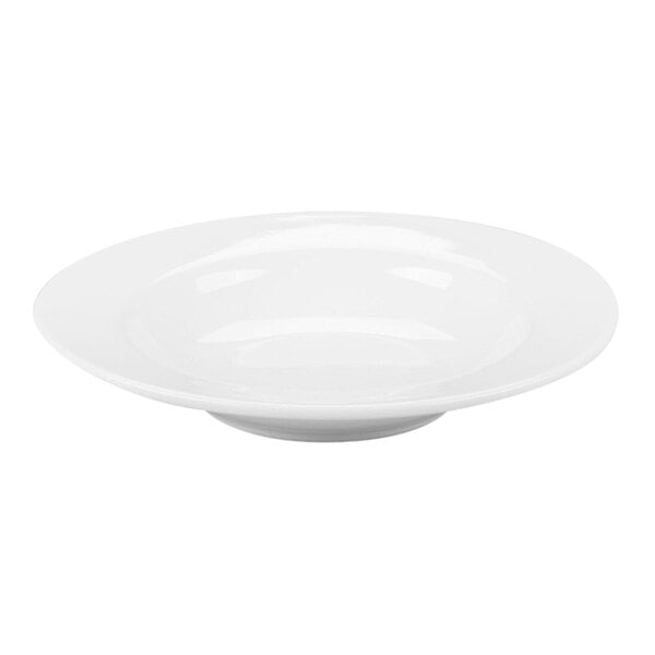 A white, round, deep soup bowl with a wide rim, shown on a plain background.