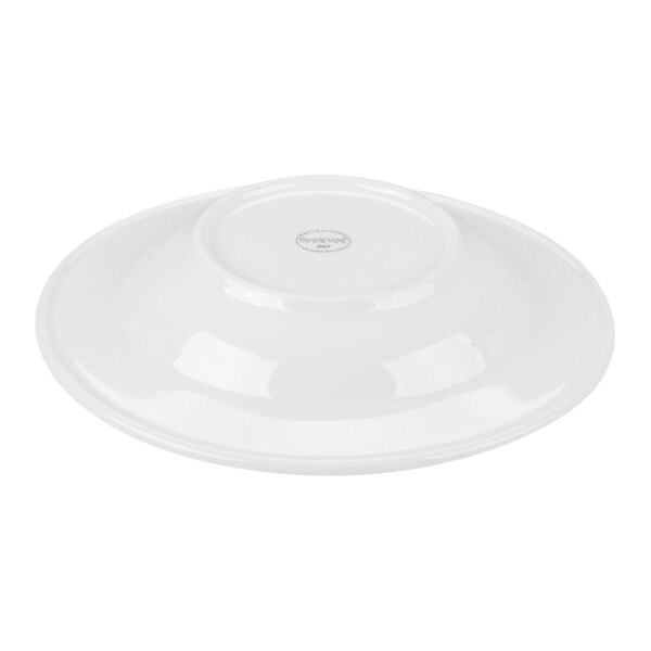A white porcelain bowl shown upside down on a white background.