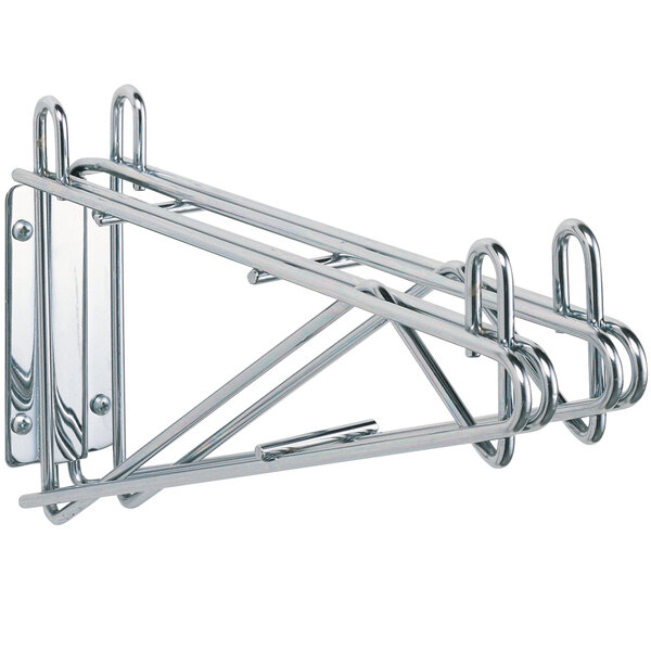 A stainless steel Metro wall mount bracket with two hooks.