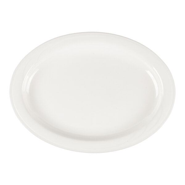 A plain, oval-shaped white platter with a slightly raised rim.