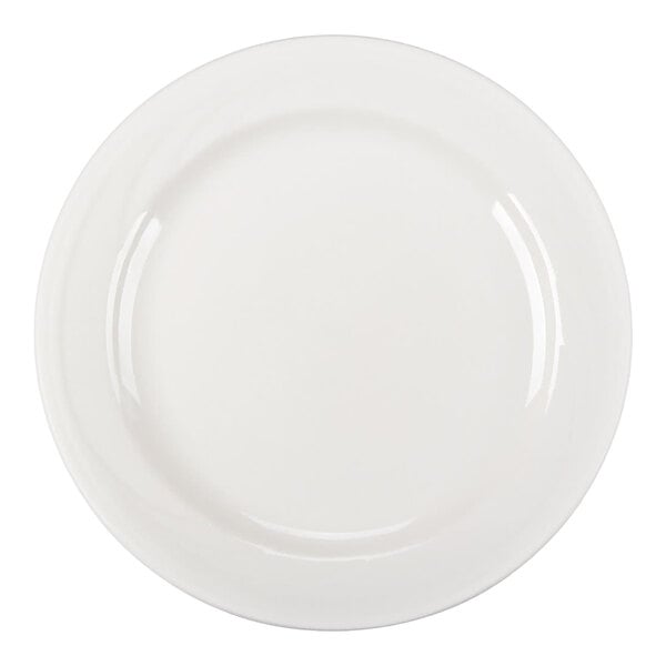 A plain, round, white plate with a slightly raised rim, viewed from above.